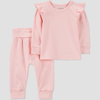 Carter's Just One You® Baby Girls' 2pc Textured Knit Top and Pants Set - Pink 6M: Cotton Elastane, Long Sleeve