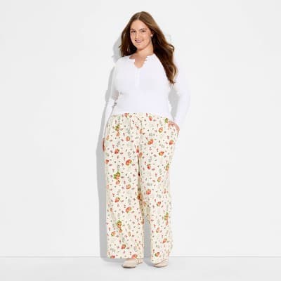 Women's Winnie The Pooh Wide Leg Graphic Pants - Cream 1X