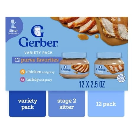 Gerber 2nd Foods Puree Favorites, Chicken and Turkey Baby Food Variety Pack, 2.5 oz Jars (12 Pack)