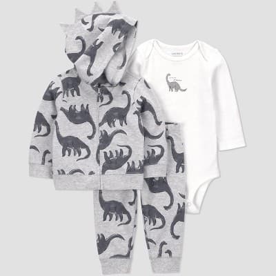 Carter's Just One You® Baby Boys' 3pc Dino Hooded Zip-Up Sweatshirt with Bodysuit and Jogger Pants Set - Gray 3M