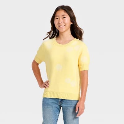Girls' Flower Graphic Short Sleeve Sweater - art class™ Yellow L