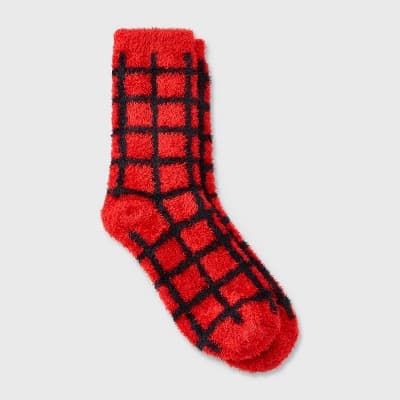 Women's Windowpane Plaid Cozy Crew Socks - Auden™ Red/Black 4-10