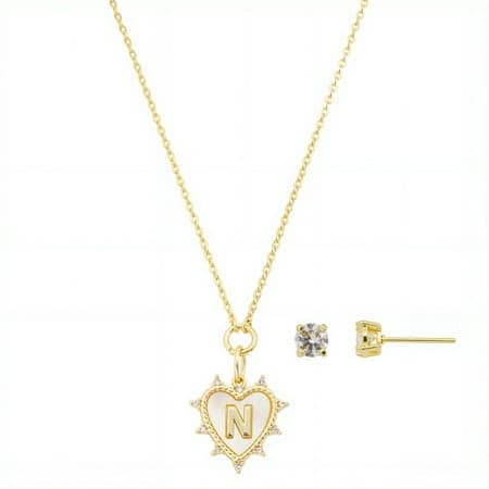 Believe by Brilliance Women's 14Kt Gold Flash Plated Mother of Pearl and Cubic Zirconia Heart "N" Necklace and Earring Set