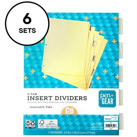 Pen+Gear Insertable Paper Divider, 5-Tab, Clear Tabs, Buff Color Paper, 6 Sets (22450)