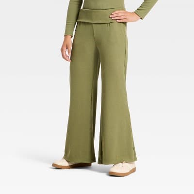 Girls' Foldover Waist Cozy Rib-Knit Flare Pant - art class™ Green XS