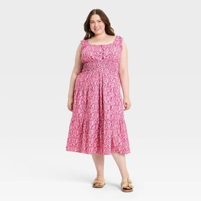 Women's Sleeveless Button-Front Smocked Maxi Empire Waist Dress - Universal Thread™ Pink Floral 4X