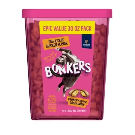 BONKERS Bites Paw Lickin' Chicken Flavor Crunchy & Soft Treats for Cats, 30oz Tub