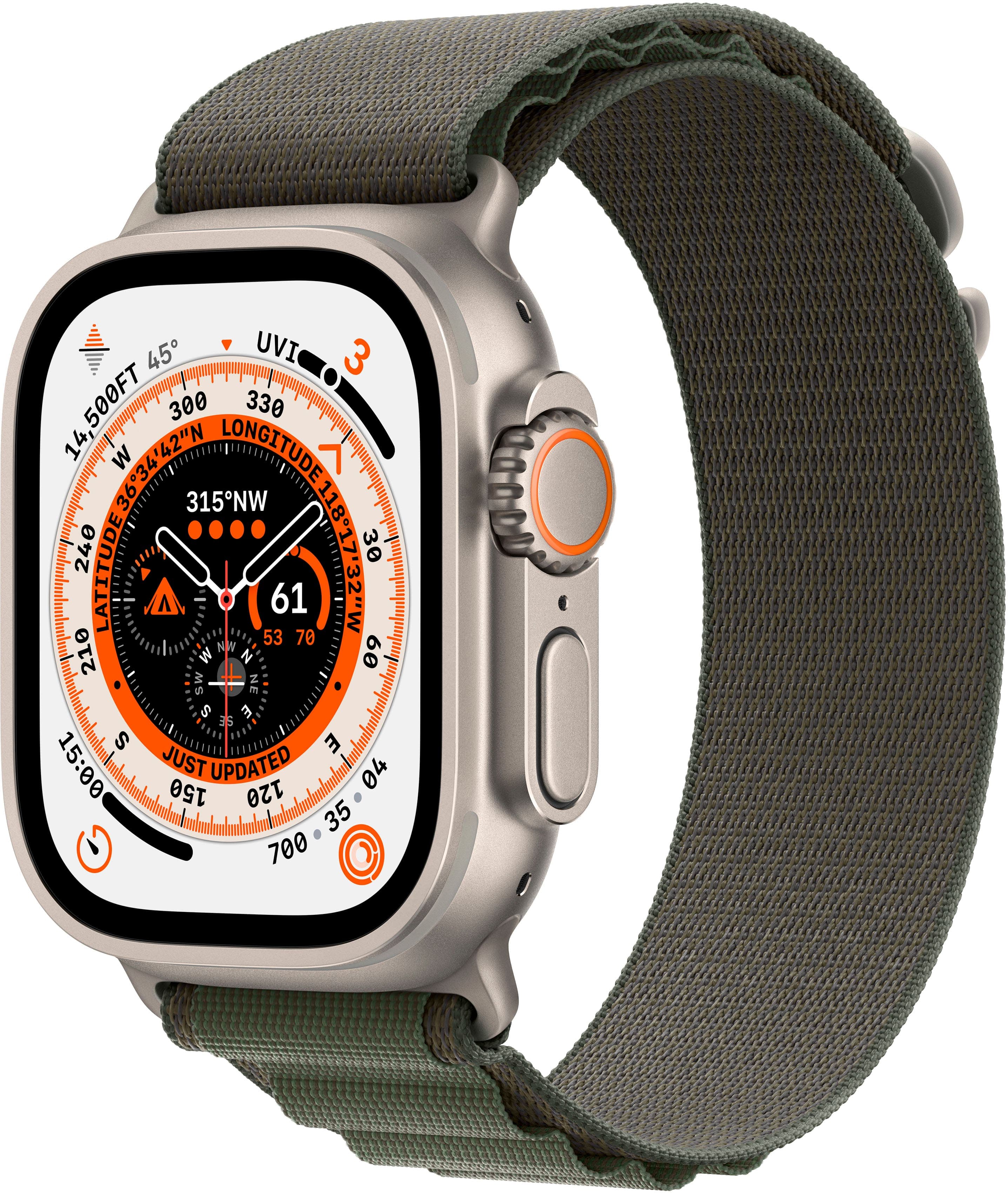 Apple Geek Squad Certified Refurbished Watch Ultra (GPS + Cellular) 49mm Titanium Case with Green Alpine Loop - Large - Silver - (2022)