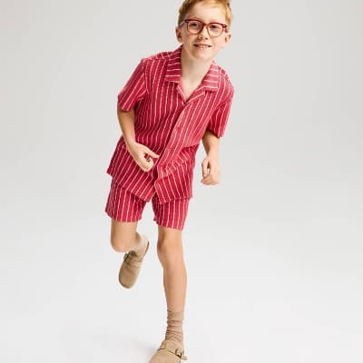 Boys' Short Sleeve Crochet Striped Button-Down Shirt - Cat & Jack™ Red XS