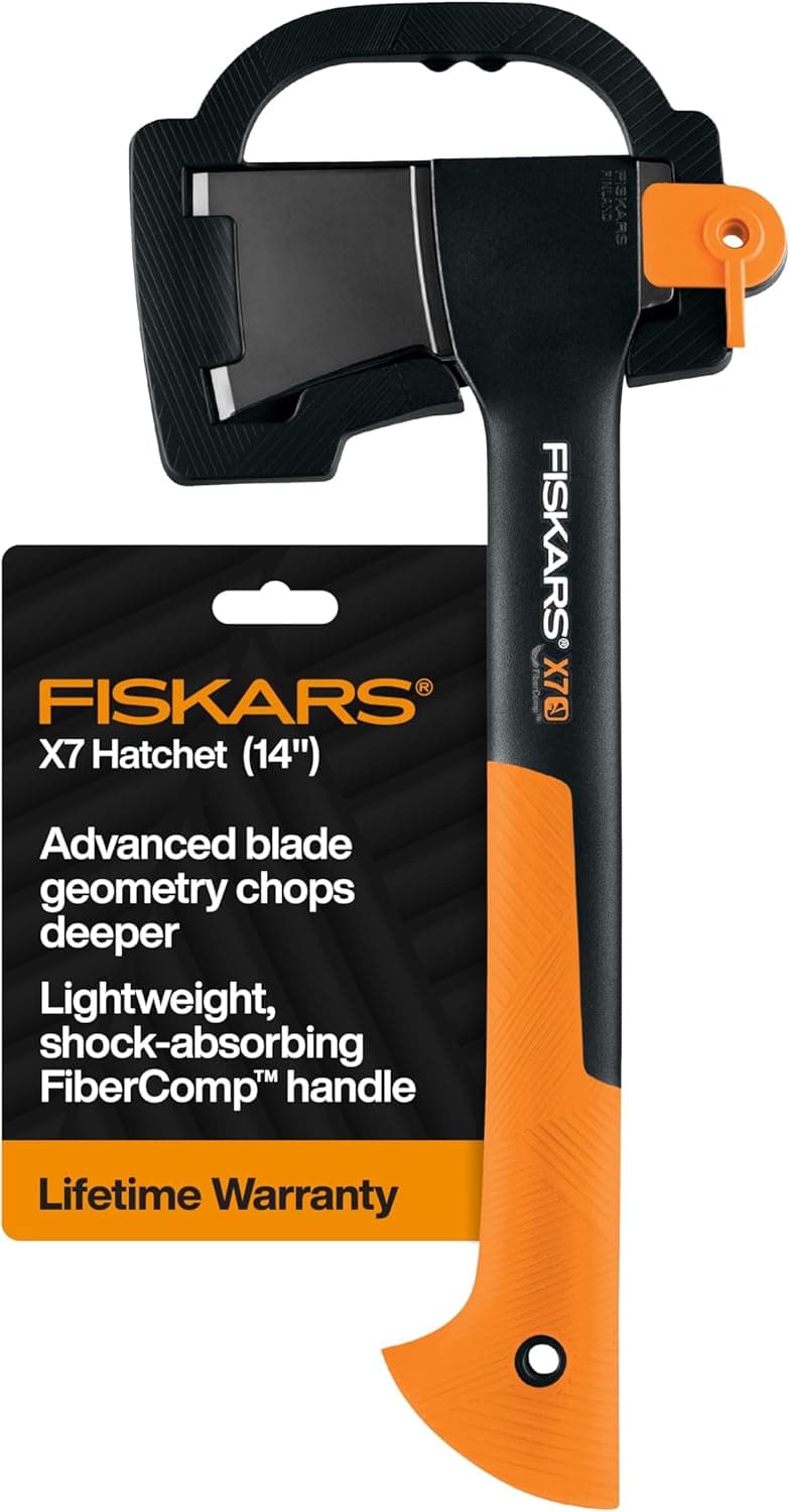 Fiskars X7 Small 14" Hatchet Axe with Sheath for Chopping Wood Kindling for Campfires, Outdoors & Camping, Insert-Molded Forged Steel Head, Low-Friction Blade, Shock Absorbing Handle & Non-Slip Grip
