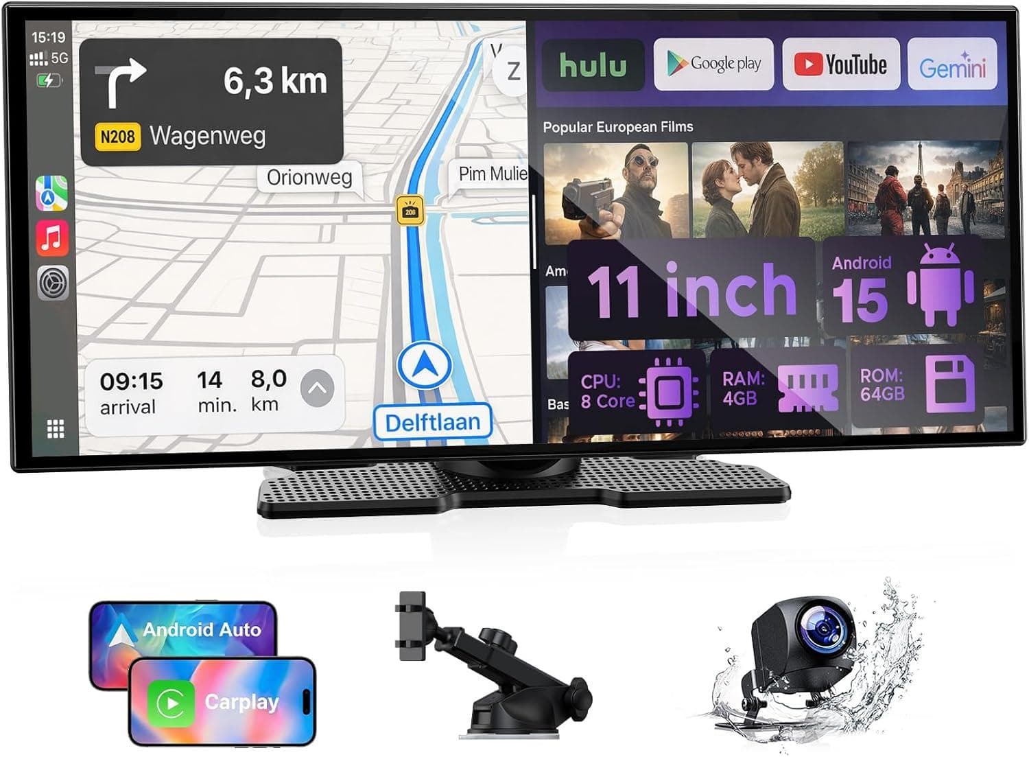 11" Wireless CarPlay Screen - Backup Camera, DVR, Google Play