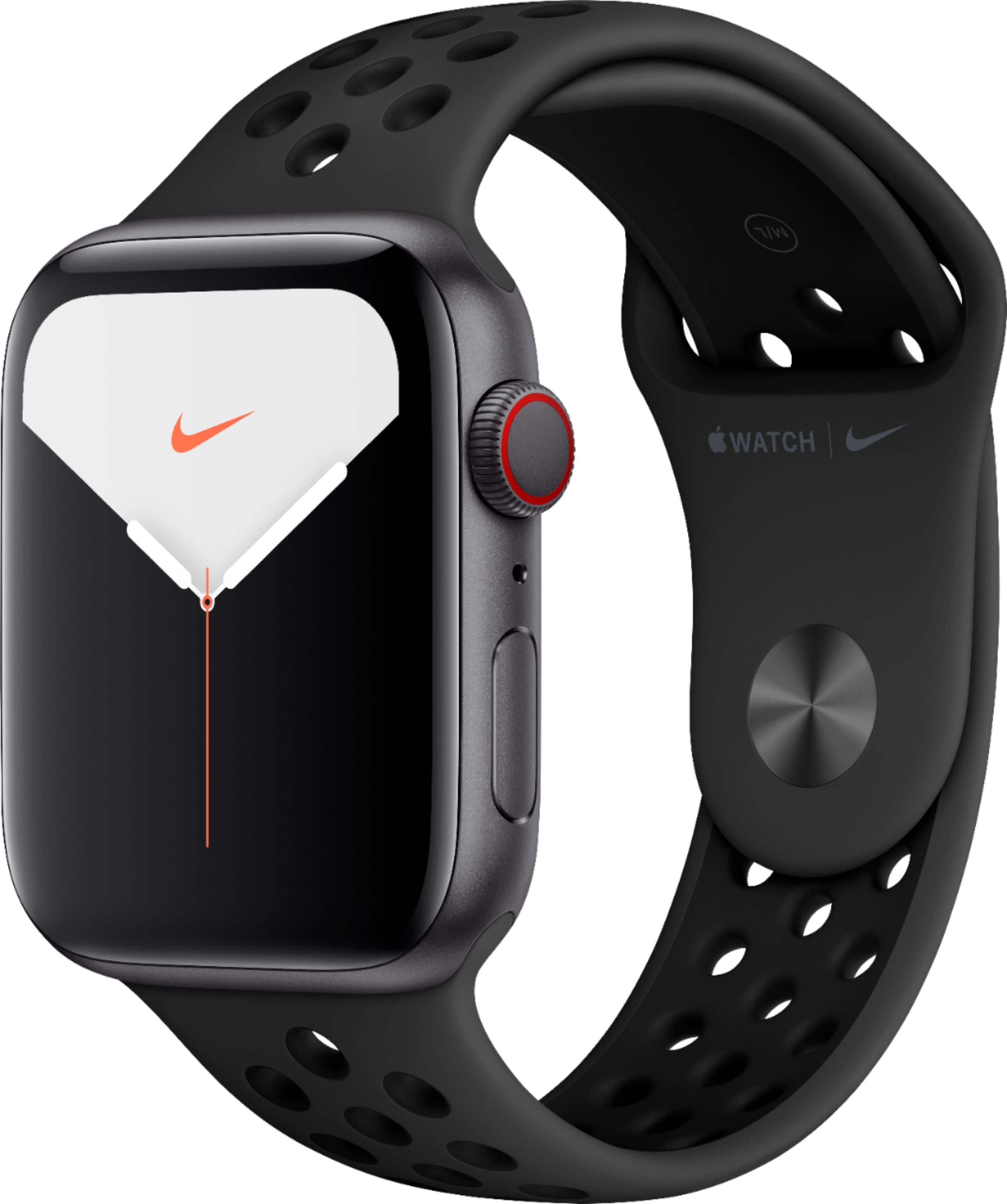 Geek Squad Certified Refurbished Apple Watch Nike Series 5 (GPS + Cellular) 44mm Aluminum Case with Nike Sport Band - Space Gray Aluminum - (2019)