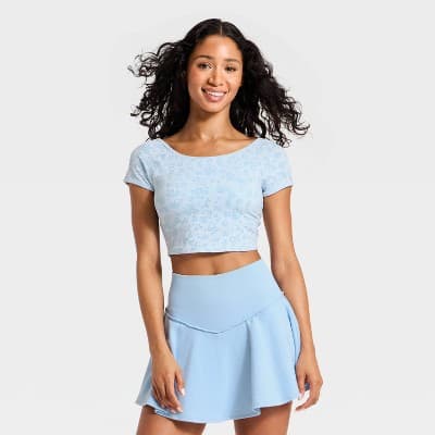 Women's Seamless Cropped Short Sleeve Support Top -JoyLab™ Blue Floral L