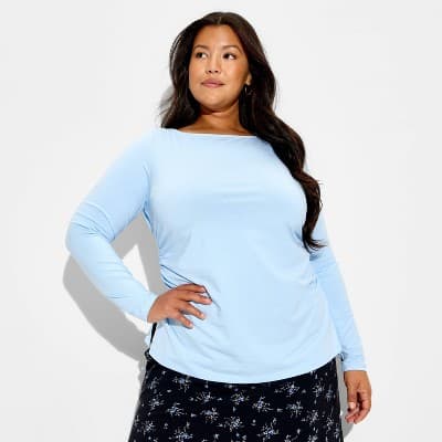 Women's Side Ruched Long Sleeve Boat Neck Top - Wild Fable™ Light Blue 3X