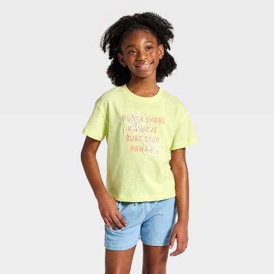 Girls' Short Sleeve Relaxed Fit 'Hibiscus' Graphic T-Shirt - Cat & Jack™ Neon Yellow M