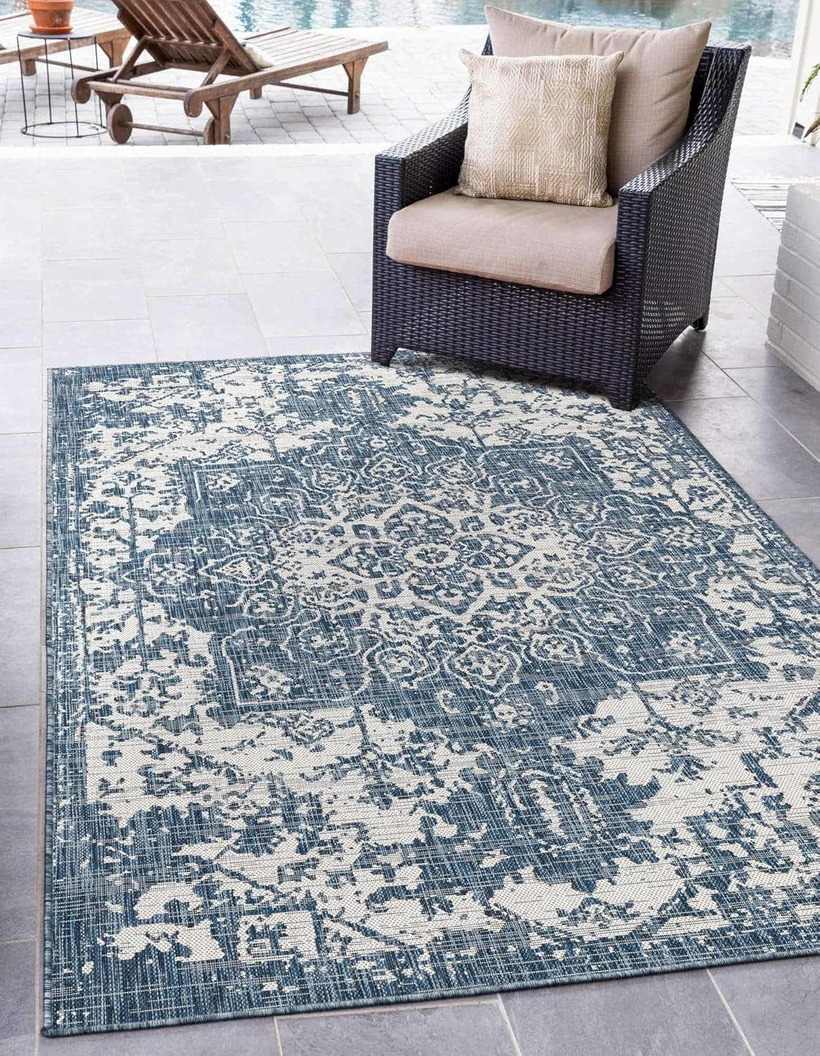 Save 22% on Unique Loom Outdoor Area Rug - Blue & Ivory