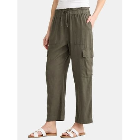 Time and Tru Women’s and Women’s Plus Linen Blend Cropped Cargo Pants, 27" Inseam, Sizes XS-3XL