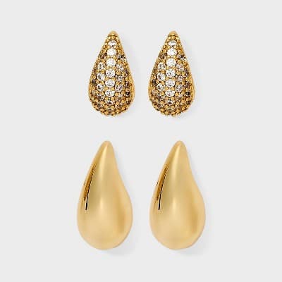 14K Gold Plated Cubic Zirconia Pave Puffy Teardrop Earring Set 2pc - A New Day™ Gold