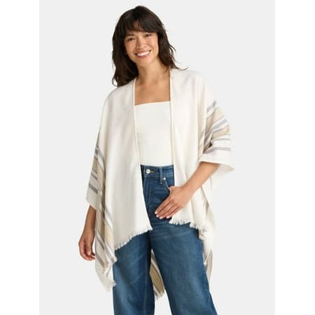 Time and Tru Women's Woven Fashion Coverup with Stripe Border Detail, One Size, Ivory Multi