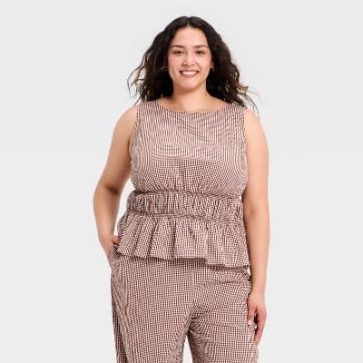 Women's Seersucker Peplum Top - A New Day™ Brown Gingham 2X