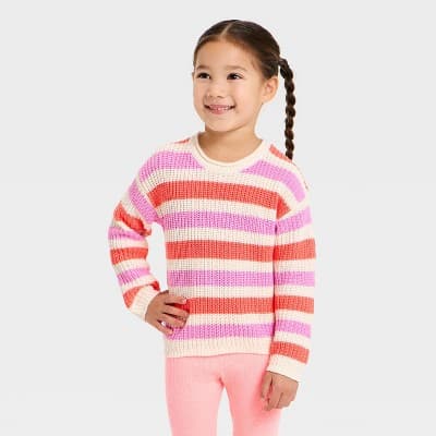 Toddler Girls' Striped Crewneck Pullover Sweater - Cat & Jack™ Coral Pink 5T