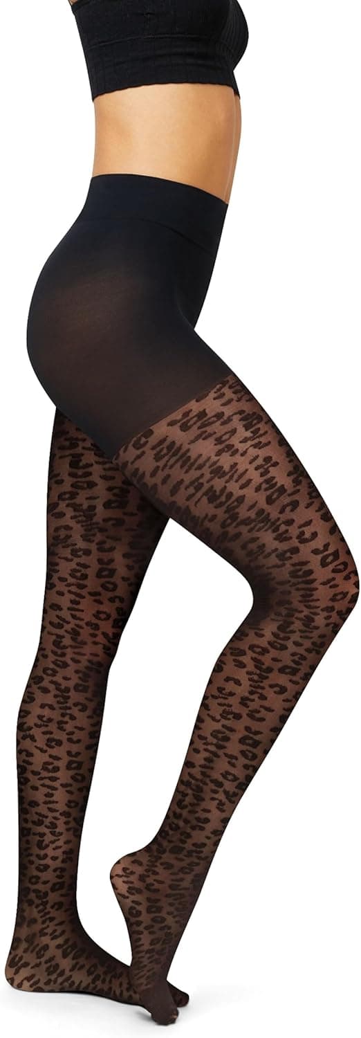 Hanes EcoSmart Animal Print Women's Fashion Tights, Control Top, Sheer Toe, Black, Size Small (Pack of 1)