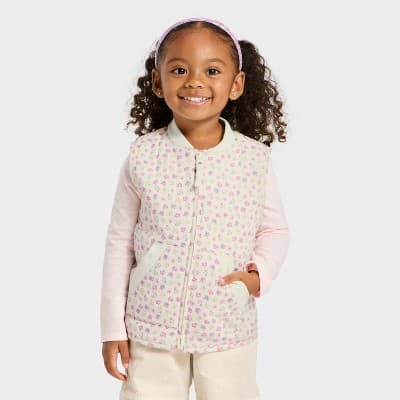 Toddler Girls' Floral Quilted Puffer Vest - Cat & Jack™ Cream 2T