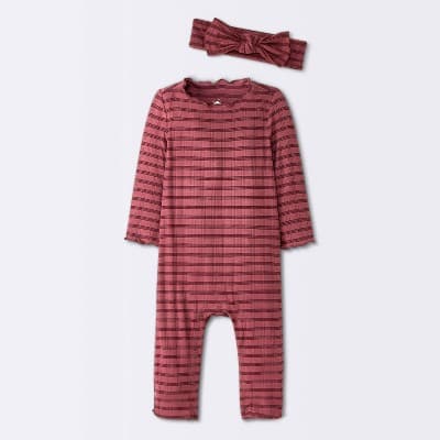 Baby Girls' Jacquard Checkered Romper & Headband - Cloud Island™ Burgundy 18M