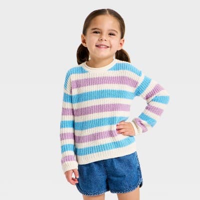 Toddler Girls' Striped Crewneck Pullover Sweater - Cat & Jack™ Blue/Purple 3T