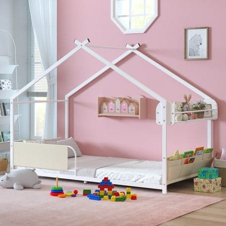 Yoneston Twin Floor Bed with Storage Caddy & Shelf, House Bed Frame with Fence, Montessori Floor Bed for Kids, Boys and Girls, White