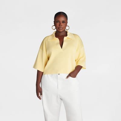 KBB by KAHLANA Women's Short Sleeve Boxy 'The Cropped Polo Sweater' - Yellow 1X
