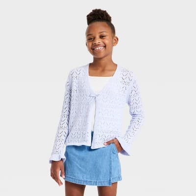 Girls' Pointelle Open Cardigan Sweater - Cat & Jack™ Pale Lavender M