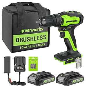 Greenworks 24V 1/2" Brushless Drill Kit with Batteries, Charger & Bits