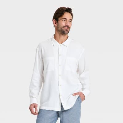 Men's Long Sleeve Layer Jacket Johnny Collar Polo Shirt - Goodfellow & Co™ White XL