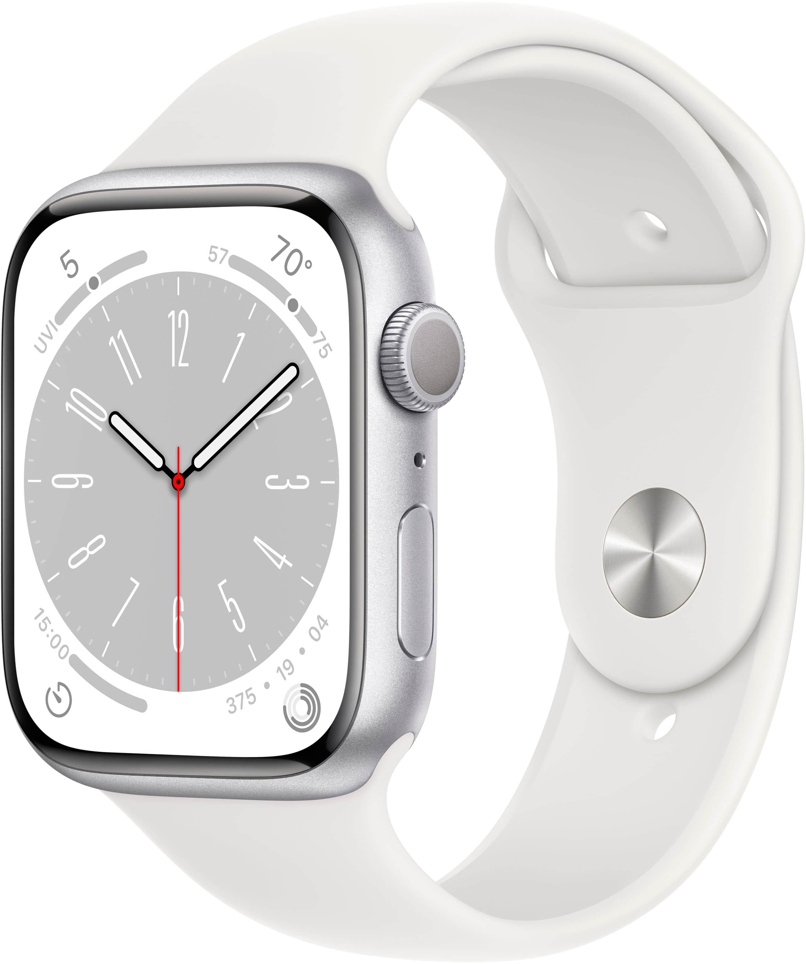 Apple Geek Squad Certified Refurbished Watch Series 8 (GPS) 45mm Aluminum Case with White Sport Band - M/L - Silver - (2022)