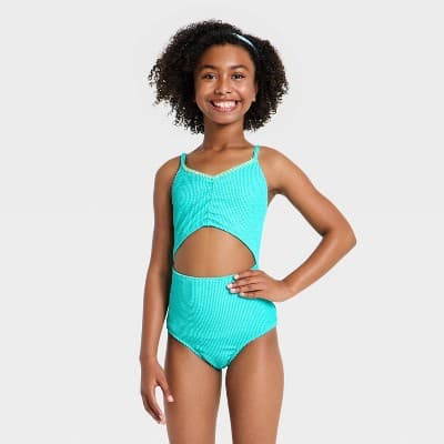 Girls' Spring Vacay One Piece Swimsuit - art class™ Aqua Blue XS