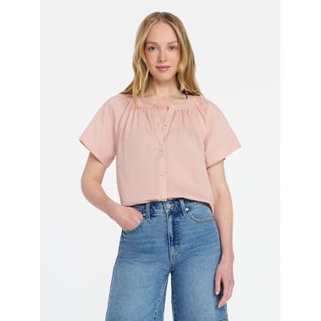 Time and Tru Women's Cotton Button Up Blouse with Short Sleeves, Sizes XS-XXXL