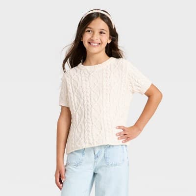 Girls' Short Sleeve Cable Knit Pullover Sweater - Cat & Jack™ Cream M