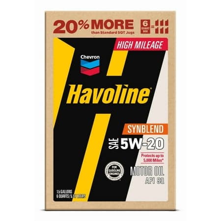 Chevron Havoline High Mileage Synthetic Technology Motor Oil 5W-20, 6 Quart Smart Change Box