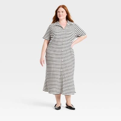 Women's Short Sleeve Button-Down Midi Dress - A New Day™ Cream/Black Striped 2X