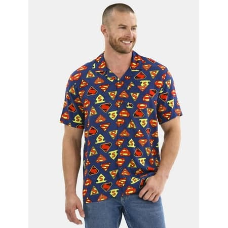 Superman Men's & Big Men's Graphic Timeline Logos Button-Up Shirt, Sizes S-3XL