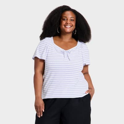Women's Flutter Short Sleeve Tie-Front Knit Top - Ava & Viv™ Blue Striped 2X