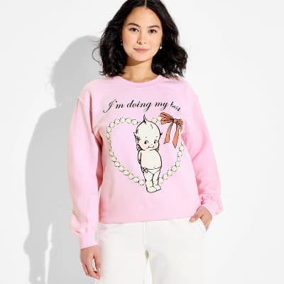 Women's Crewneck Doing My Best Kewpie Fleece Graphic Pullover Sweatshirt - Light Pink XXS