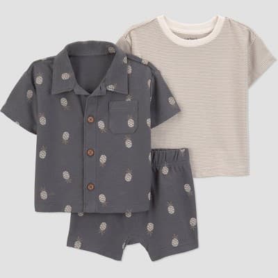 Carter's Just One You® Baby Boys' 3pc Pineapple Button-Down Shirt with T-Shirt and Shorts Set - Gray 18M