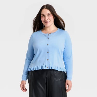 Women's Long Sleeve Button-Up Ruffle Hem Cardigan - A New Day™ Blue 4X