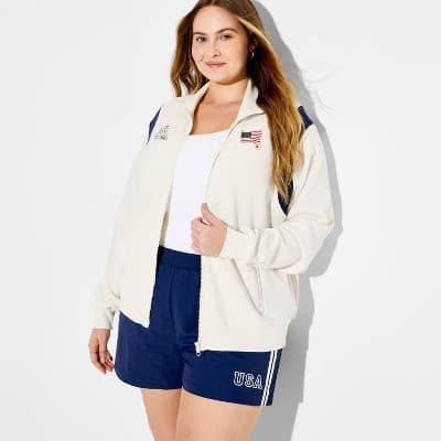 Women's USA Fleece Graphic Athletic Zip-Up Sweatshirt - White 2X