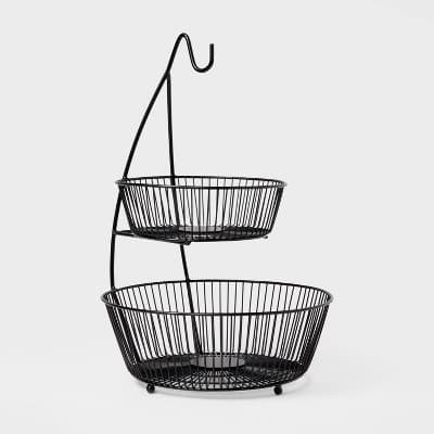 Iron Wire 2-Tier Fruit Basket wire Banana Hanger Black - Threshold™: Traditional Iron Fruit Stand with Banana Hook