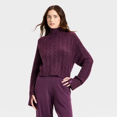Women's Mock Neck Cable Knit Sweater - JoyLab™ Plum Purple XXL