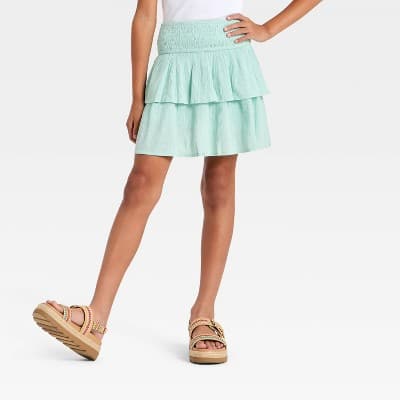 Girls' Smocked Waist Tiered Woven Skort - Cat & Jack™ Dusty Mint S