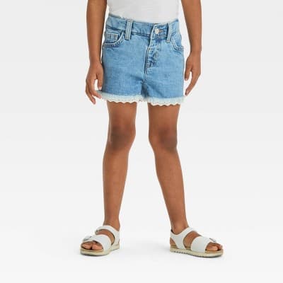 Toddler Girls' Lace Cut-Off Denim Shorts - Cat & Jack™ Light Wash 18M: Adjustable Waistband, Denim